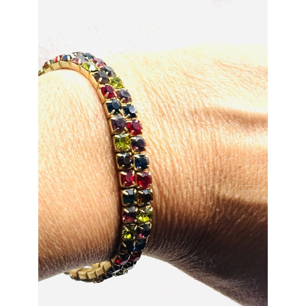 Vintage Set 2 Multicolor Rhinestone Stretch Bracelets Gold Tone Stackable